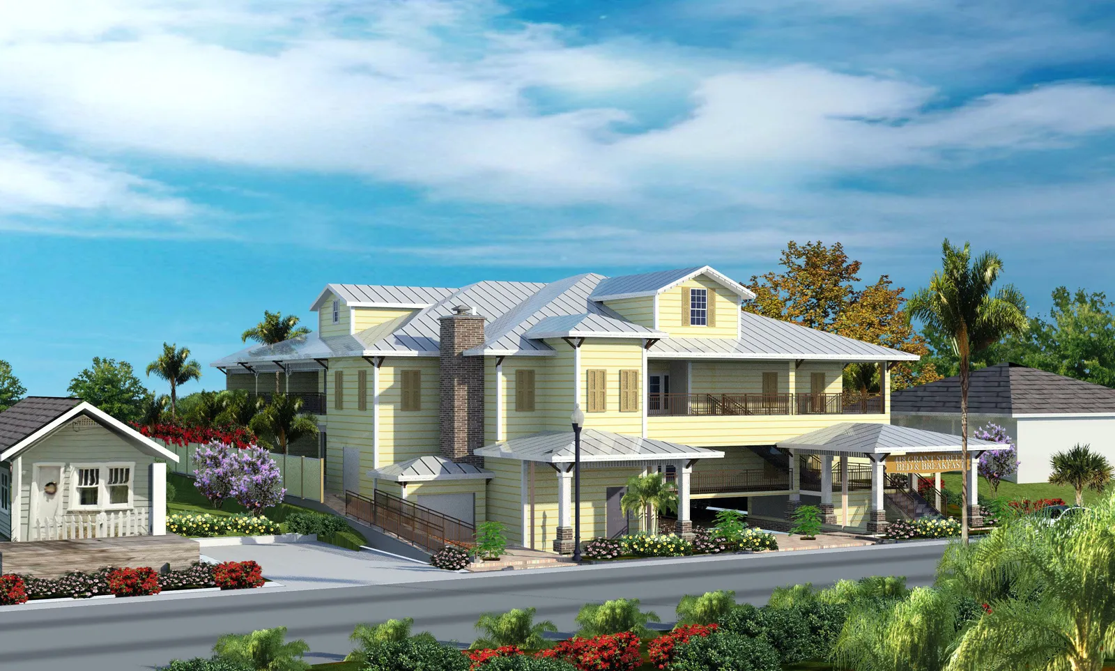 Rendering of the Grant Street Inn, a yellow coastal-style inn with metal roofs and wraparound porches