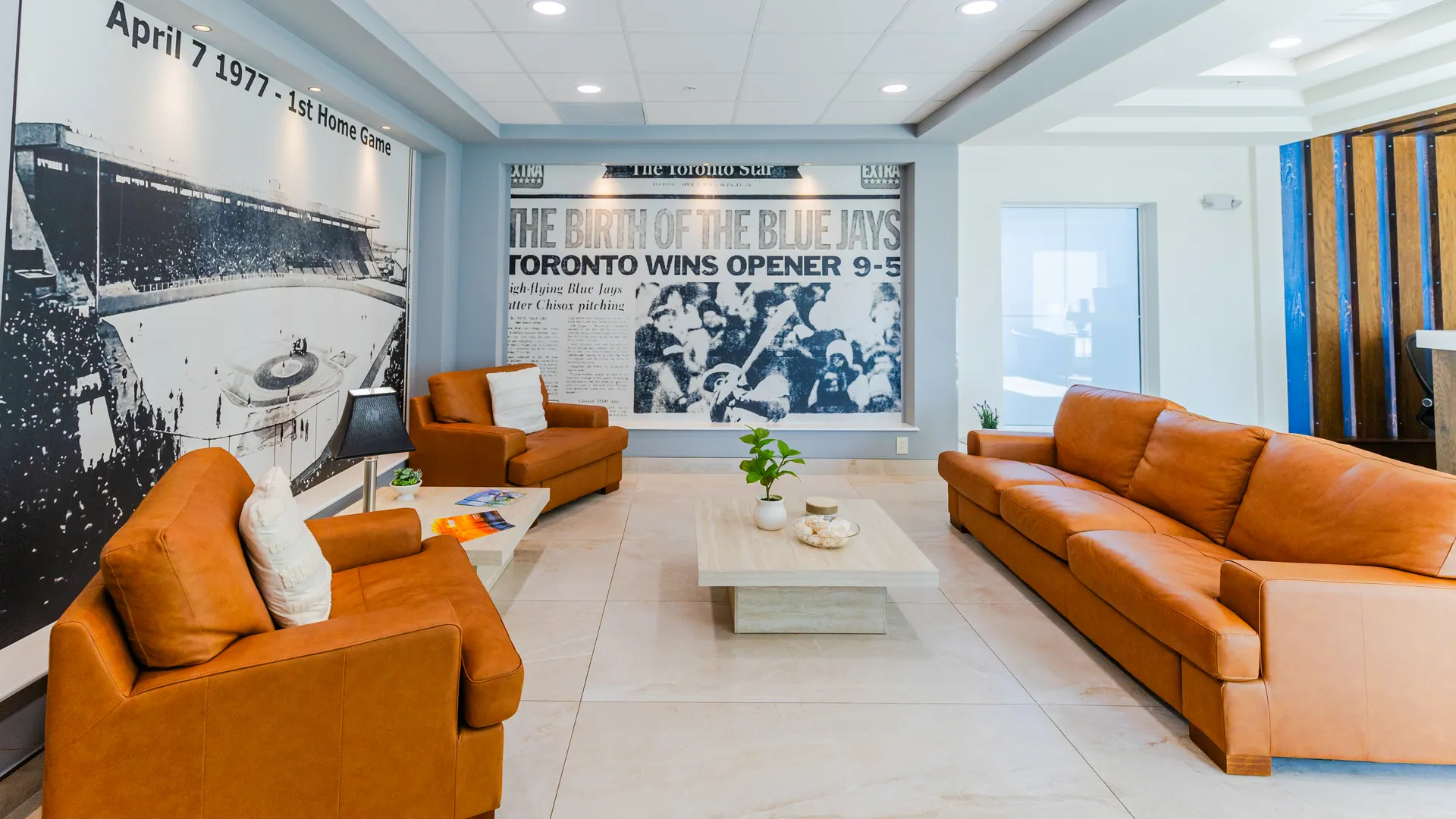 The lobby lounge and its wall of Blue Jays history